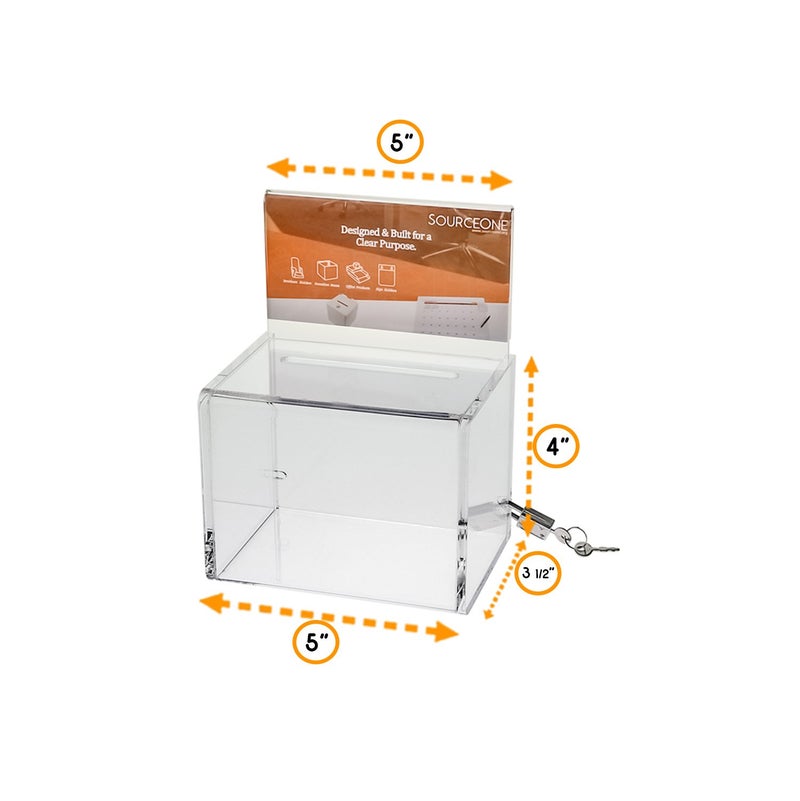 SourceOne Source One Small 5-Inch Wide Deluxe Oblong Donation Box with Ad Frame & Free Lock (Clear) - Image 1